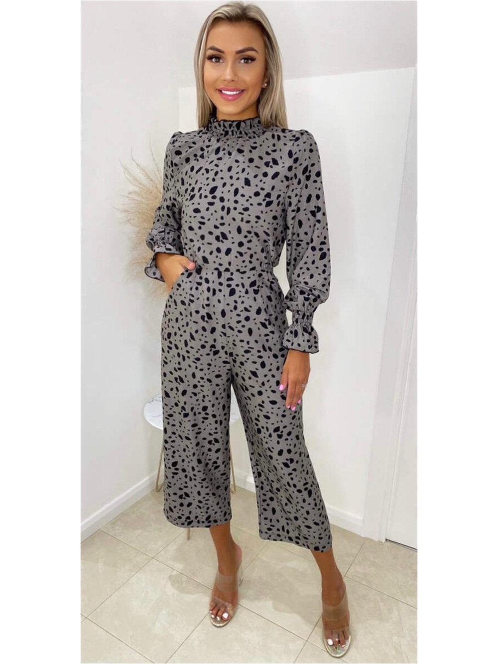 AX Paris Grey Spot Printed High Neck Long Sleeve Cropped Wide Leg Jumpsuit 10